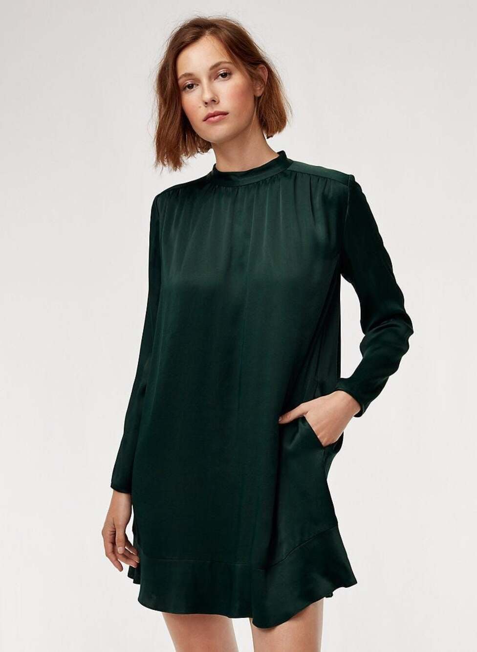 Little Moon Aritzia Mock Neck Long Sleeve Satin Mini Dress in Dark Green